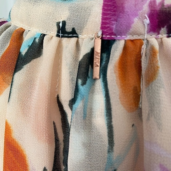 Misa- Multicolored Large Floral Longsleeve Mini Ruffle Dress with Neck Tie - Picture 10 of 10